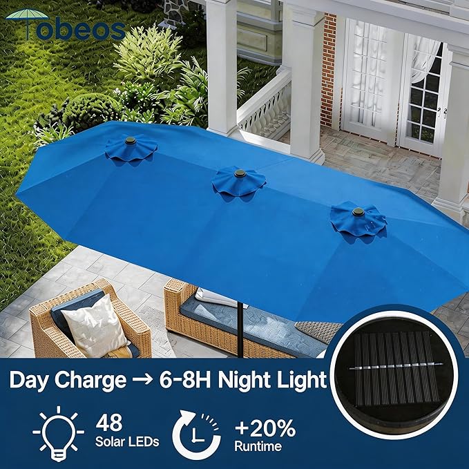 Large Patio Umbrella with Solar Lights and Base, Double-Sided Outdoor Rectangle Umbrella with 48 LED Lights, Market Table Umbrellas with UV Resistant Canopy