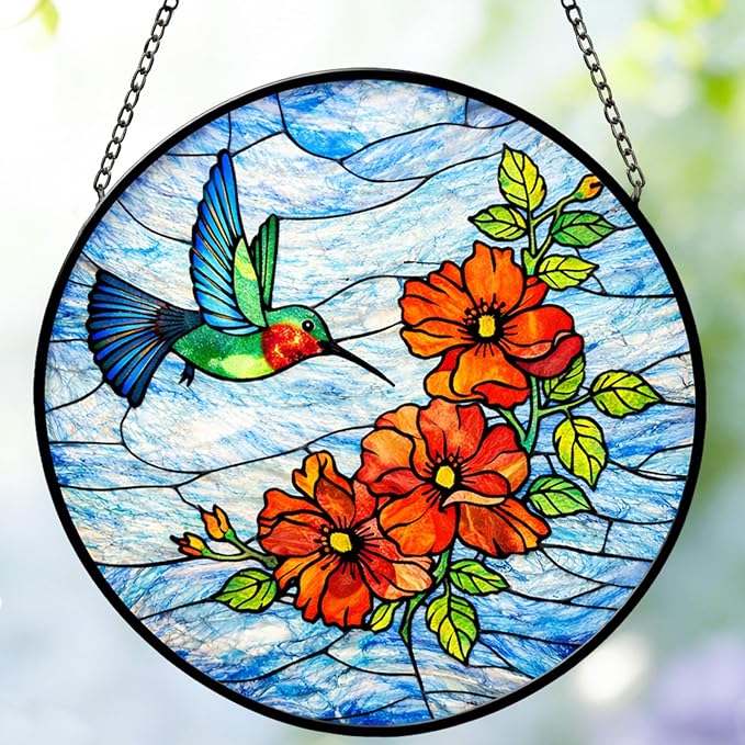 Stained Glass Window Hanging - Colorful Hummingbird Poppy Suncatcher for Windows Doors Home Decor, Hummingbird Red Flowers Sun Catcher Gift for Women Mom Nana Bird Lovers Christmas Mother's Day Birthd