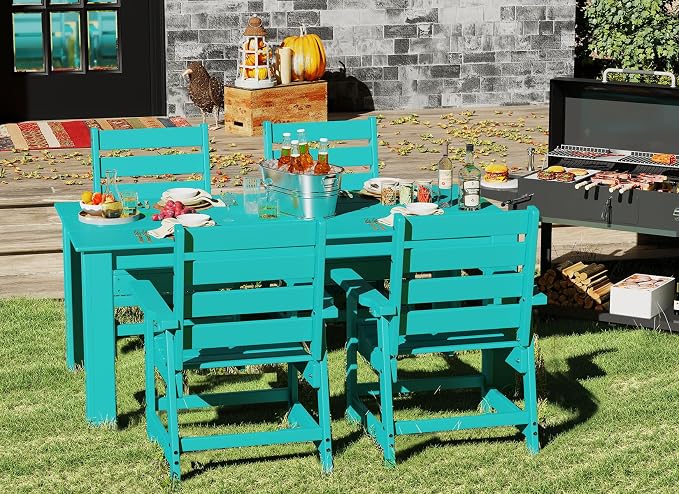 GREENVINES 7-Piece Outdoor-Dining-Set | HDPE Plastic 67'' Table and Chairs Sets for 6 | Patio Furniture | All Weather | Umbrella Hole | Aqua | for Poolside Garden Backyard