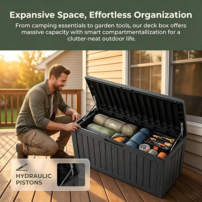 182 Gallon Outdoor Deck Storage Box, Large Waterproof Resin Patio Storage Box, Lockable Bench Seat Holds 2 Adults, for Garden Tools, Cushions & Pool Floats, UV & Rust Resistant, Black