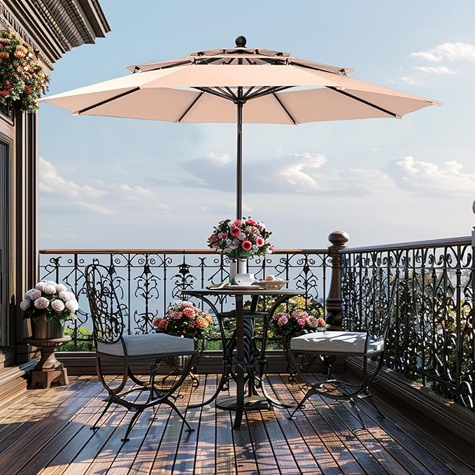 GREEN PARTY 10ft Outdoor Patio Umbrella, [Auto-Tilting] 3 Tiers Market Table Umbrellas with 1.5" Pole, 8 Sturdy Ribs, 3-Year-Non-Fading for Garden Deck Pool Backyard, Beige
