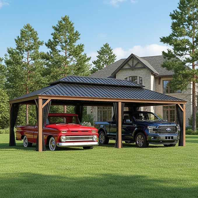 PURPLE LEAF 14' X 24' Outdoor Hardtop Gazebo for Patio Galvanized Steel Double Roof Permanent Canopy Teak Finish Coated Aluminum Frame Pavilion Gazebo with Netting