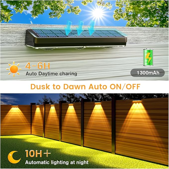 JOFIOS Solar Fence Lights Outdoor,1300mAh, 2 Pack,Warm/Natural/Cool White,IP65 Waterproof,Fence Lights Solar Powered,Solar Lighting for Deck, Backyard, Railing(Black)