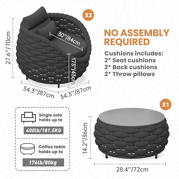 Deck Furniture Set: 3 Pieces Aluminum Woven Rope Patio Conversation Sofa Set for 2, Comfy Cushions Couch Armchair Table Set Assembled, 400lbs for Porch Balcony Pool Bistro Yard Hotel - Dark Gray
