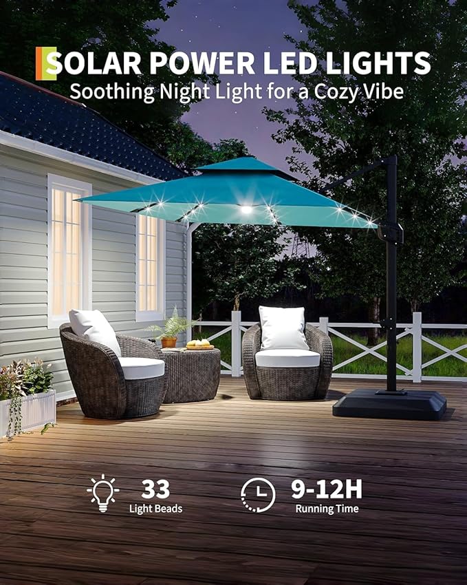 10x10 ft Double Roof Square Cantilever Patio Umbrella with Solar LED Lights & Cross Base – 360° Rotation, Heavy-Duty Sun Shade with Easy Tilt for Backyard, Poolside, and Garden Use, Navy Blue