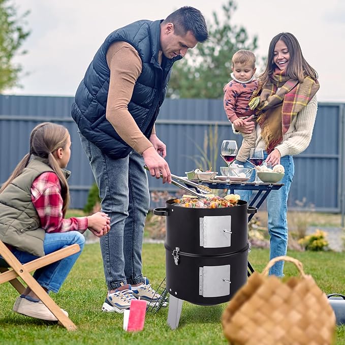 32" Vertical Steel Charcoal Smoker Grill,Heavy Duty BBQ Grills,Outdoor Camping Backyard Barbecue Grill,Metal Barbecue Smokers,with Thermometer,for Patio Garden Beach Porch Lawn Yard (Black)