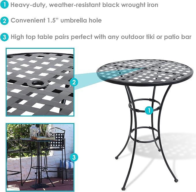 Sunnydaze Elegant Black Wrought Iron Bar Table - 30-Inch Diameter x 39.5 Inches Tall - Dining Table Only