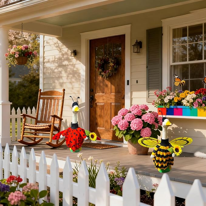 Spring Porch Goose Outfit for 20-23 Inch Concrete Goose Clothes, Bee Porch Goose Costume Funny Cement Plastic Goose Statue for Outdoor Garden Yard Patio Art Decor（Bees and Ladybugs are Optional）