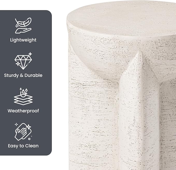 HOMPUS Outdoor Side Table Round, Lightweight Concrete End Table w Corss Base, Patio Accent MgO Coffee Table, Stone Garden Tool for Patio, Porch and Deck, Antique Beige