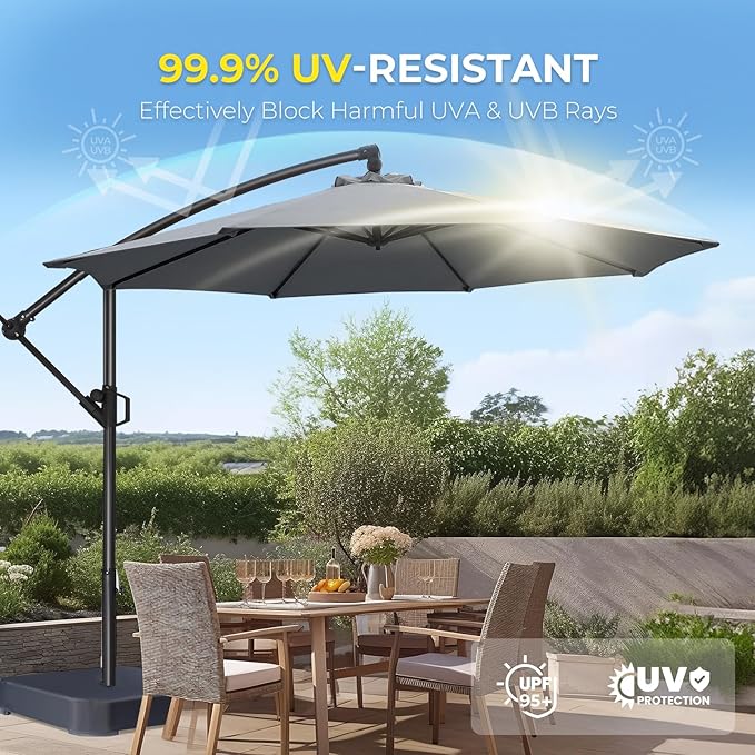 HOMSHADE 10ft Offset Patio Umbrella with Base Included, Cantilever Hanging Outdoor Market Umbrella UPF50+ UV Protection with Easy Tilt and Crank for Pool Deck and Garden (Grey)