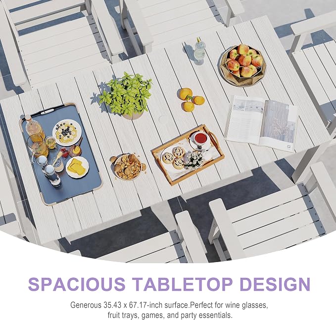 Domi HDPE Outdoor Dining Set, All-Weather 7 Piece Outdoor Dining Table Set with 2" Umbrella Hole, Outdoor Patio Dining Set for Garden, Poolside, Backyard, Deck, White