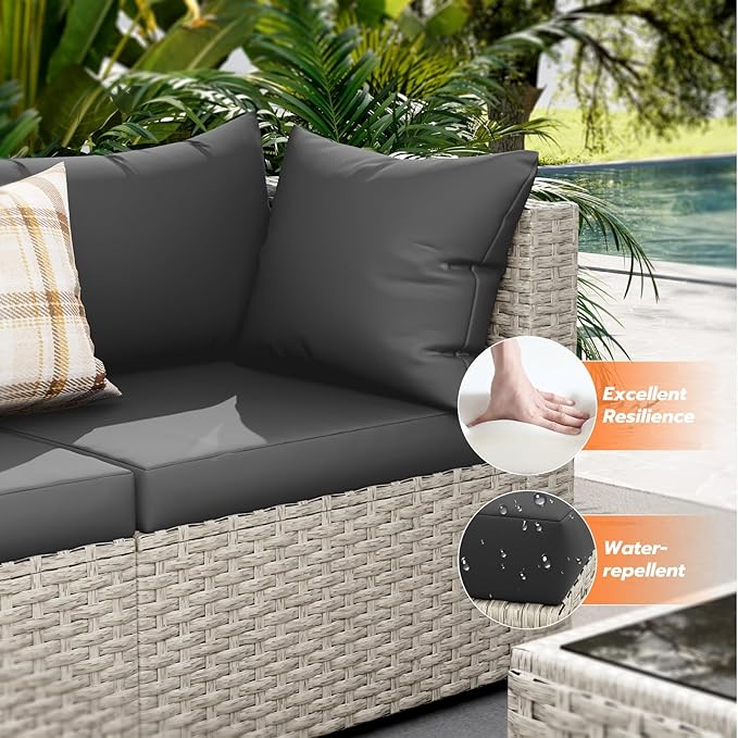 UDPATIO Patio Furniture Set with Fire Pit Table, 8 Pieces Outdoor Sectional Sofa, PE Wicker Patio Conversation Set for Garden, Backyard Black