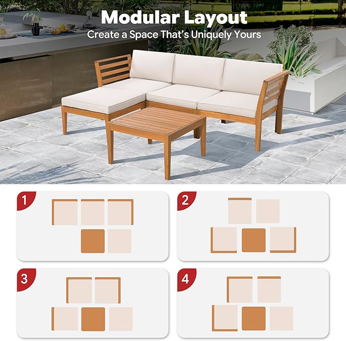 5-Piece Acacia Wood Patio Sectional Set, L-Shaped Outdoor Sofa Garden Couch with Coffee Table & Removable Cushions for Backyard, Deck, Beige