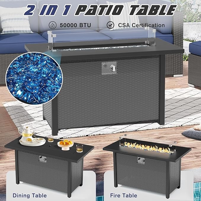 SUNCROWN 8-Piece Patio Furniture Set with Fire Pit Table, Outdoor Sectional Sofa, Grey Wicker Conversation Sofa Set with Coffee Table & Cushions, Dark Blue