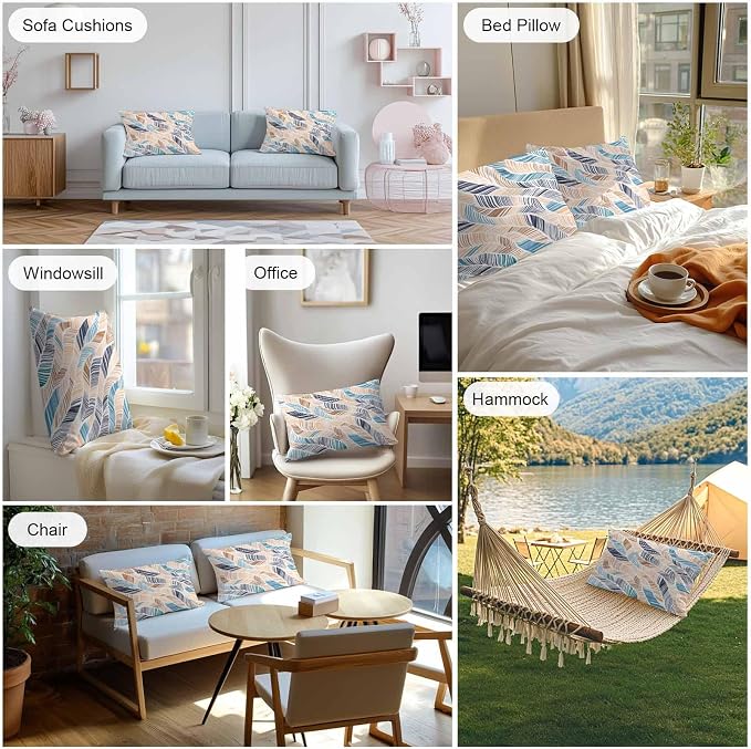 Vandarllin Outdoor Throw Pillows Covers 20x12 inch Set of 2 Waterproof Summer Beach Decorative Zippered Cushion Covers for Patio Furniture, Yellow Blue Ombre Abstract Leaf Lines Lumbar Pillowcases