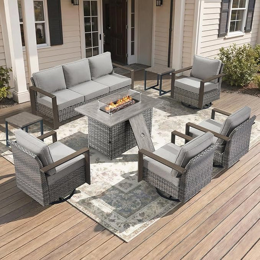 Patio Furniture Set with Fire Pit Table, 8-Piece Outdoor Wicker Sofa and 4 Swivel Chairs, All-Weather Conversation Set for Backyard, Deck and Poolside, Grey/Grey