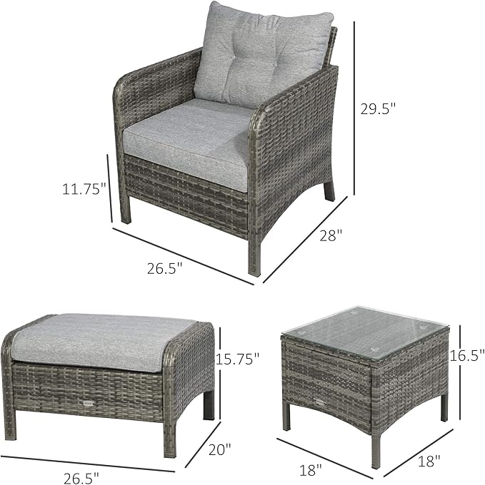 Outsunny 5 Pieces Rattan Wicker Lounge Chair Outdoor Patio Conversation Set with 2 Cushioned Chairs, 2 Ottomans and Tempered Glass Top Coffee Table, Gray/Light Gray