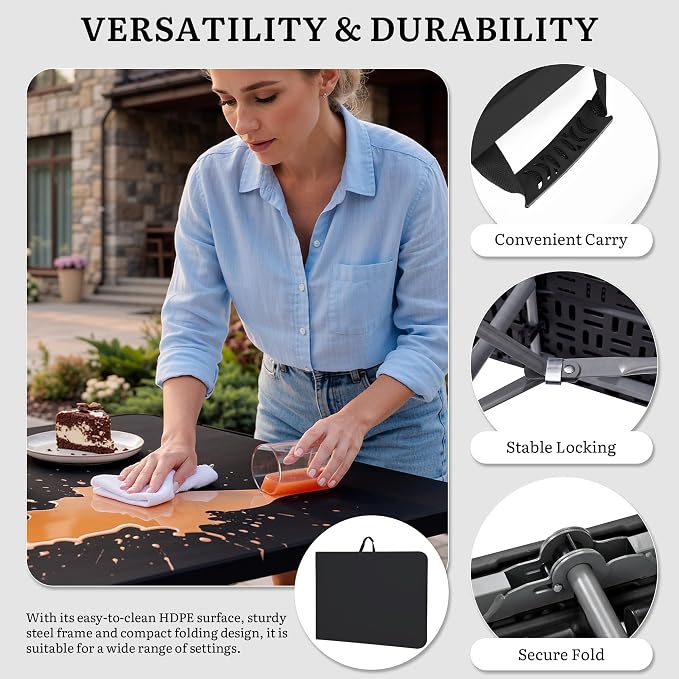 YITAHOME 6ft Folding Tables Heavy Duty Folding Table with Carrying Handle Plastic Fold up Table for Outdoor Camping Picnic Parties/Indoor Events All in Black