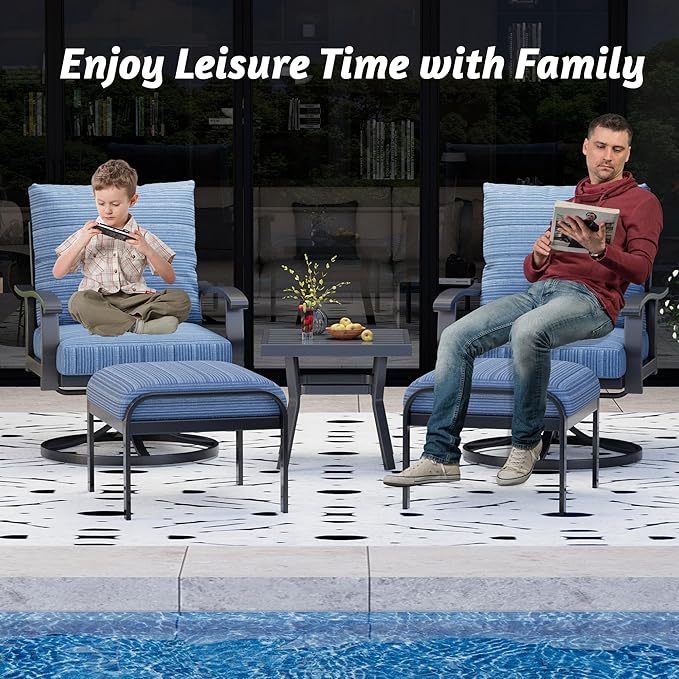 HOMREST Outdoor Swivel Rocker Patio Chairs with Ottomans and Coffee Table 5 PCS Bistro Set, 360 Degree Swivel Rocking Chair Patio Conversation Set with Thickened Cushions for Garden, Deck and Poolside