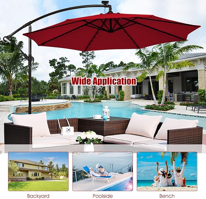 Tangkula 10 Ft Patio Offset Umbrella, 40 LED Lighted Market Umbrella W/8 Sturdy Ribs, Easy Tilt Adjustment & Crank, Polyester Shade, Ideal for Backyard, Garden, Seaside, Store, Pool (Burgundy)