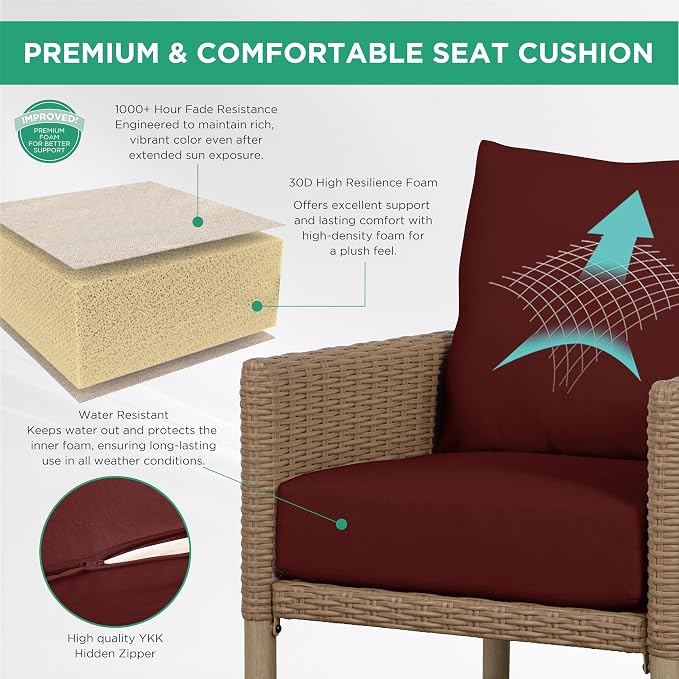 4-Piece Wicker Patio Furniture Set, Outdoor Conversation Set with Coffee Table and Removable Thickened Cushions, Modern Sectional Sofa for Backyard, Garden & Lawn, Red
