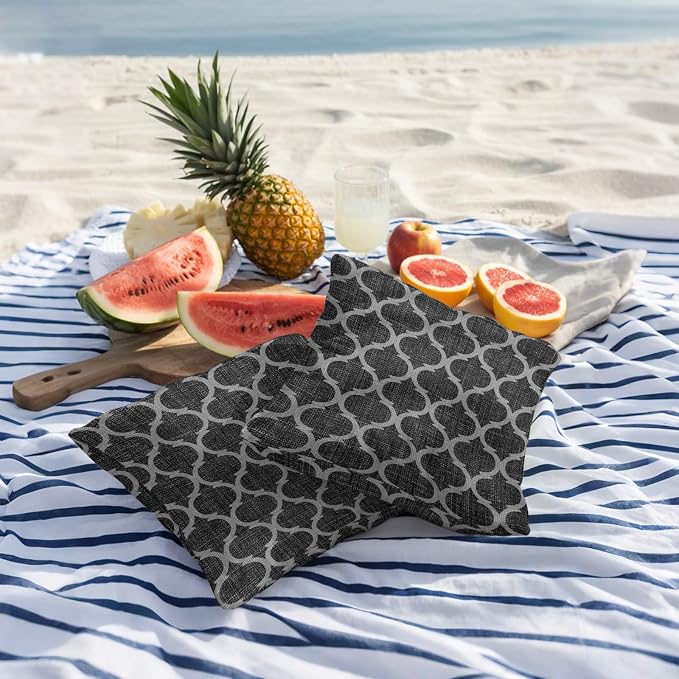 Black Morocco Outdoor Pillow Covers 16x16 Inch Throw Pillow Covers Set of 2 Waterproof Decorative Pillow Cases Boho Vintage Quatrefoil Geometric Plaid Cushion Covers for Patio Furniture Garden Couch