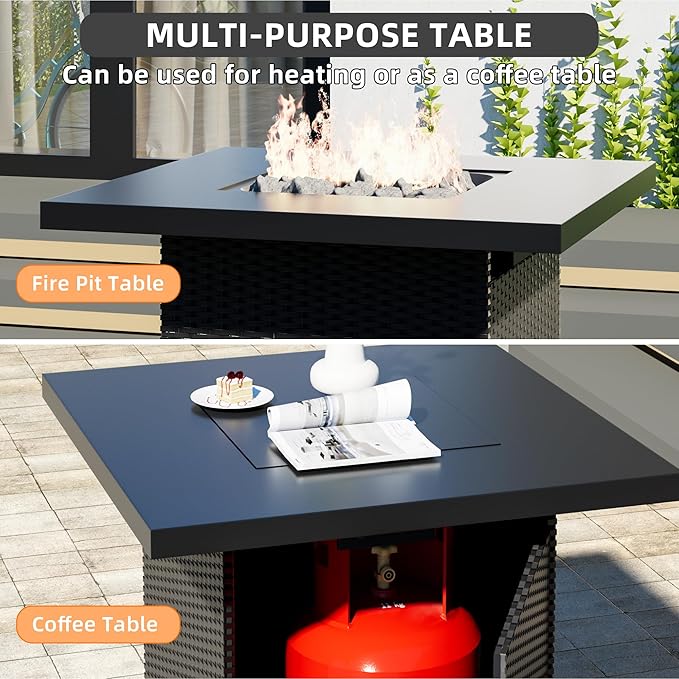 8-Piece Outdoor Patio Sectional Sofa Set with Fire Pit Table – PE Wicker Rattan Modular Conversation Furniture, Cushions & Clips Included – Patio Couch for Porch, Backyard, Poolside, Garden