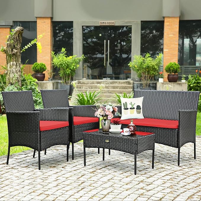 Tangkula 8 Piece Patio Furniture Set, Outdoor Wicker Conversation Set with Tempered Glass Coffee Table, Rattan Loveseat & Chairs Set with Seat Cushions for Backyard, Garden, Poolside (2, Red)