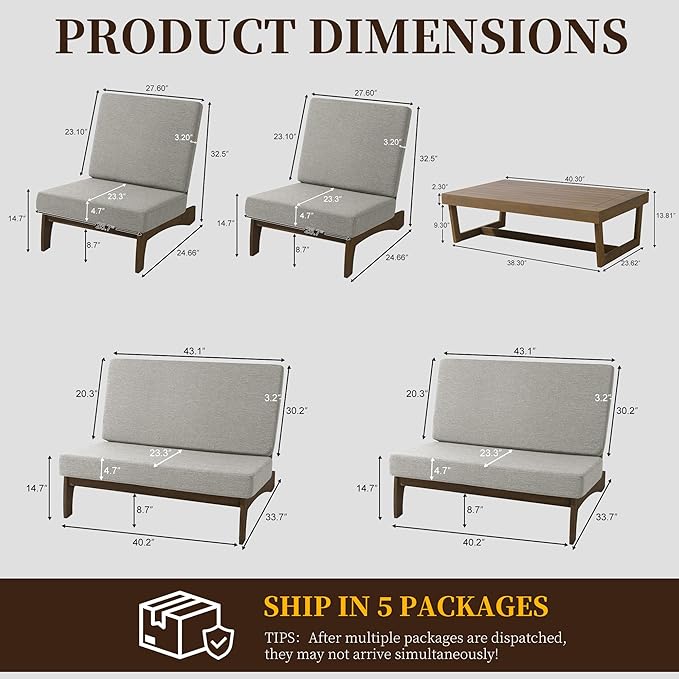 UIXE 5 Pieces Wood Patio Furniture Sets, 2 Patio Loveseat, 2 Patio Bistro Chair, All Weather Outdoor Sectional Sofa Furniture Backyard Conversation Set with Coffee Table - Light Camel