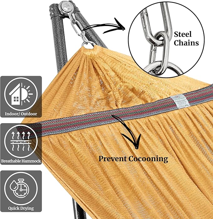 Tranquillo Universal Double Hammock with Stand Included for 2 Persons 600 lbs Capacity Portable Foldable with Case - Indoor, Outdoor, Camping, Yellow