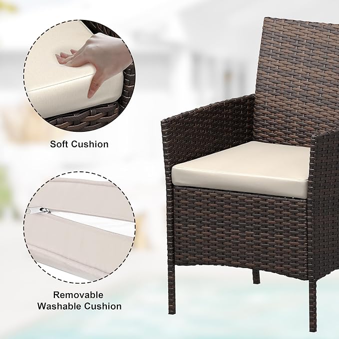 Patio Furniture Set 3 Pieces,Outdoor Patio Conversation Sets, PE Rattan Wicker Furniture Sets with 2 Chairs,Soft Cushion and 1 Coffee Table, Bistro Set of 2 for Backyard Balcony Porch Apartments,Brown