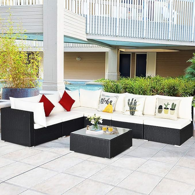 Tangkula 7 Piece Patio Furniture Set, Outdoor Sectional Sofa with 2 Pillows and Cushion Covers, Wicker Sofa Conversation Set with Coffee Table & Tempered Glass Top (Off White & Navy)