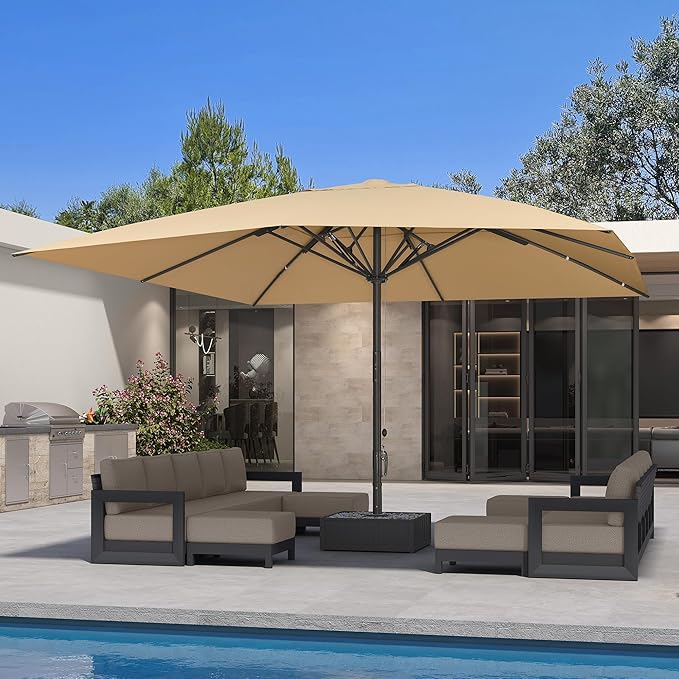 PURPLE LEAF 16' x 16' Square Semi-Auto Outdoor Patio Umbrella Aluminium Market Umbrella Table Sun Umbrella with 3.15" Rod and 8 Sturdy Ribs for Deck Lawn Pool Garden, Beige