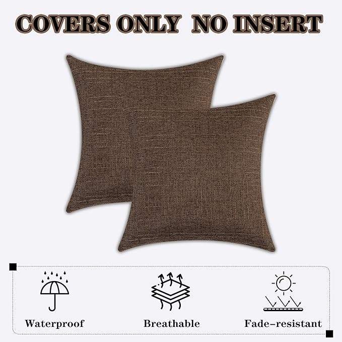 Kevin Textile Outdoor Waterproof 22”x22” Pillow Covers 2 Pack, Brown | Water Resistant, Soft Faux Linen-cotton Yarn-dyed Woven Texture Throw Pillow Covers for Tent Patio Garden Couch Sofa