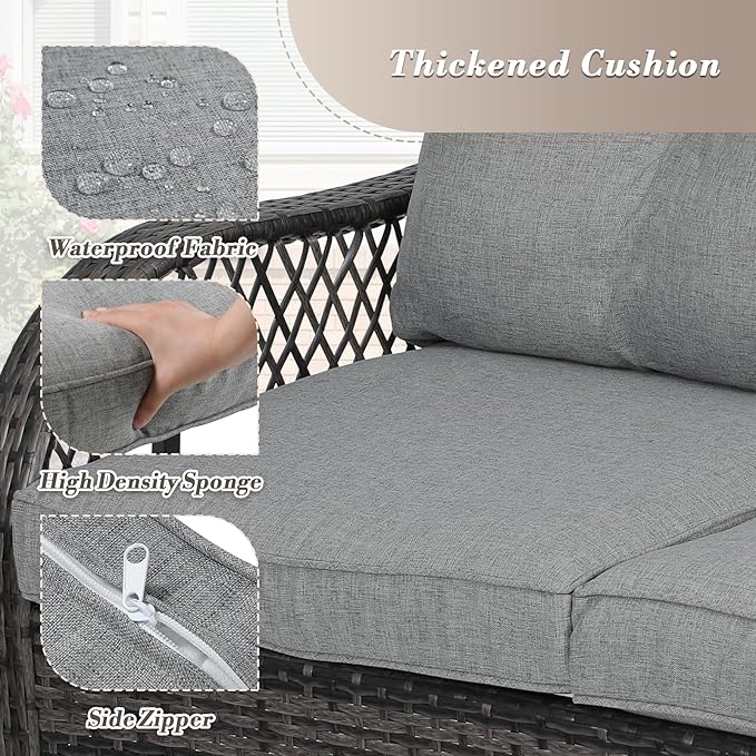 Athena Collection Outdoor Furniture Set Patio Loveseat and Table Set of 2, PE Rattan Sofa Conversation Set Double Chair Match Thickened Cushion and Coffee Table for Garden Porch Yard, Gray