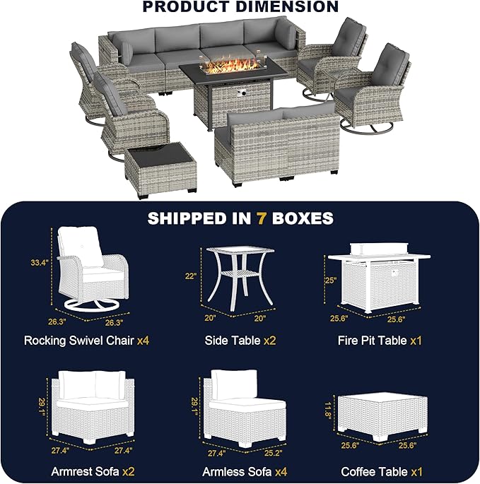 14-Piece Outdoor Patio Furniture Set with Rocking Swivel Chair, Wicker Rattan Sectional Sofa Conversation Set with 55,000 BTU Fire Pit Table, Backyard Furniture, Grey