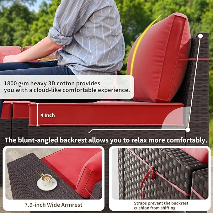 Gotland 7 Pieces Patio Furniture Set with 55000BTU Fire Pit Table, Wicker Patio Set with Wide Armrests 29.5'' High Backrest Thick Cushions 1 Coffee Table, Outdoor Furniture for Porch Deck Red