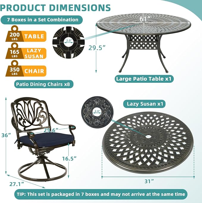 MEETWARM Outdoor 9-Piece Patio Dining Set, All-Weather Cast Aluminum Patio Conversation Set- 8 Cushioned Swivel Rocker, 61" Round Patio Dining Table w/Detachable Lazy Susan/Umbrella Hole, Navy Blue