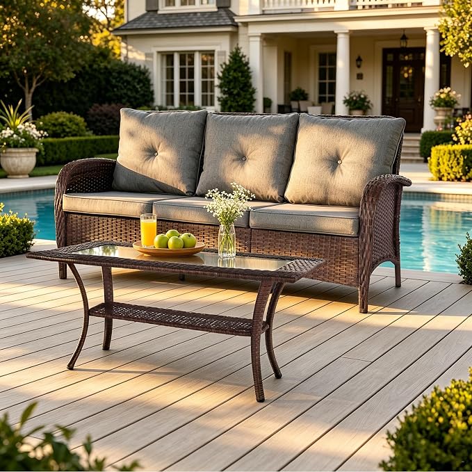 YLGJ&TIDY Outdoor Furniture 2PCS Set All-Weather Brown Wicker Patio Conversation Set 3 Seater Rattan Sofa Glass Coffee Table for Garden Backyard Porch Balcony w/Thick Cushions (Gray,2PCS Sofa/Table)