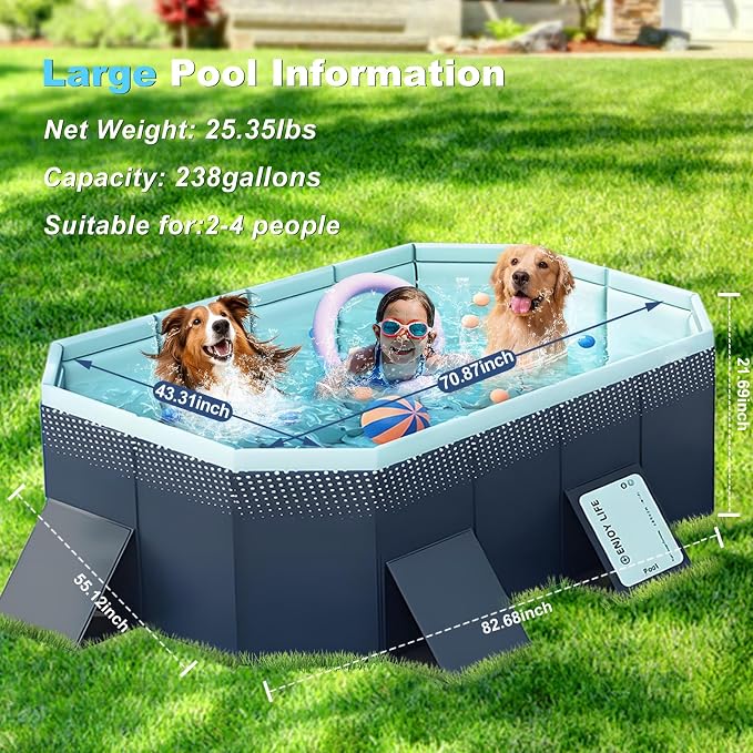 Large Foldable Swimming Kiddie Pool 83" L x 55" W x 22" H – Hard Plastic Square Pool for Kids & Dogs, Reinforced Sidewalls for Backyard Use