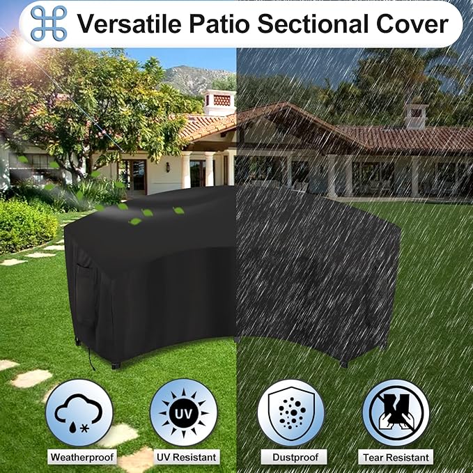 OutdoorLines Waterproof Curved Outdoor Sectional Cover - UV Resistant Windproof Patio Sectional Sofa Covers for Deck, Lawn and Backyard, Heavy Duty Furniture Covers (120Lx36Dx38Hx82FL, Black)