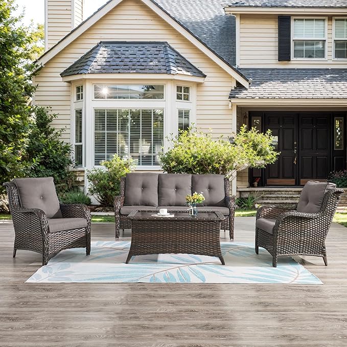 Belord Outdoor Wicker Furniture 5 Pieces Patio Furniture Sofa Set Patio Wicker Chairs with Ottomans Conversation Set for Porch Garden Deck Balcony Poolside