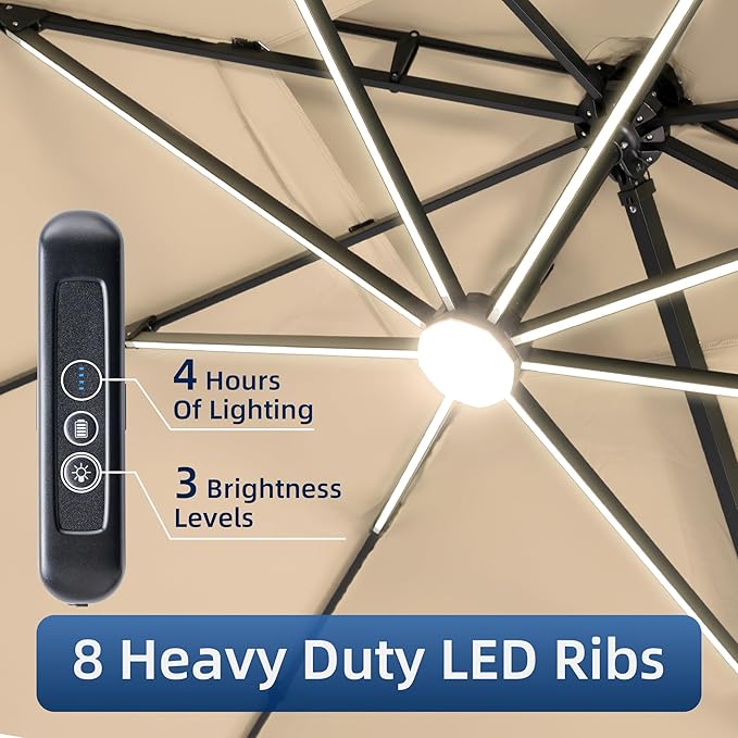 10x13 FT Patio Umbrella with LED Lights Cantilever Outdoor Large Heavy Duty Rectangle Aluminum Offset Umbrellas Double Top 360 Rotation 7 Tilt Adjustment for Pool Deck Garden, Beige