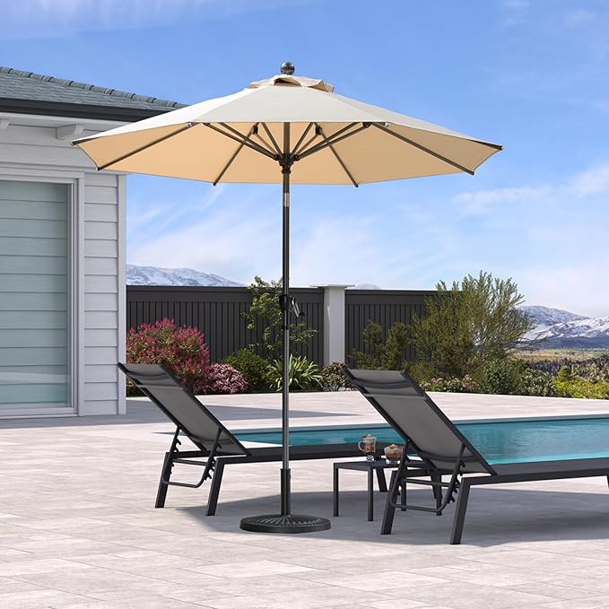 PURPLE LEAF 8' Round Patio Umbrella Outdoor Table Umbrella Aluminum Frame Market Umbrella Sun Umbrella with 8 Sturdy Ribs & Tilt for Garden Deck Lawn & Pool Beige