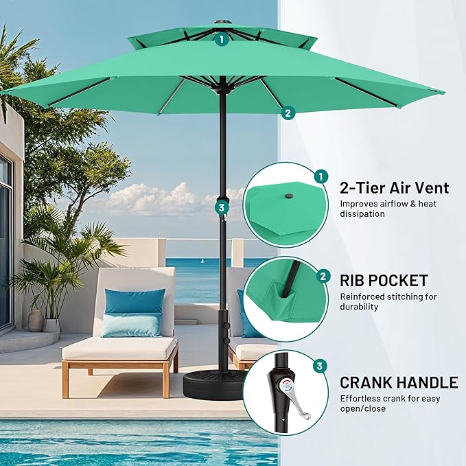 AreShark 11ft 2 Tiers Patio Umbrella - Outdoor Umbrella Waterproof UV Protection, Market Table Umbrella w/ 8 Sturdy Ribs&Crank for Pool, Porch, Garden(Turquoise)