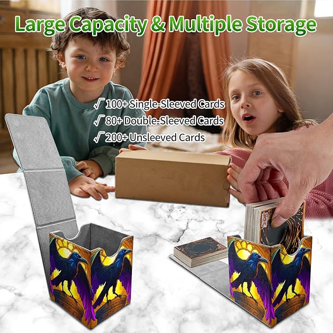 Deck Box for MTG, Cards Storage Box Fits 120+ Sleeved, Leather Medium Size Strong Magnetic Closing Card Case for Board Games Magic TCG CCG Baseball Collection, Eagle With Purple Wings