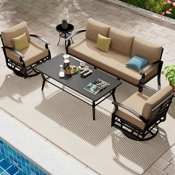 Aluminum Patio Furniture Set with Coffee Table,5 Seats Metal Modern Outdoor Furniture Set w/5.1" Thick Cushions,Patio Sectional w/Swivel Chairs for Backyard,Patio,Sand