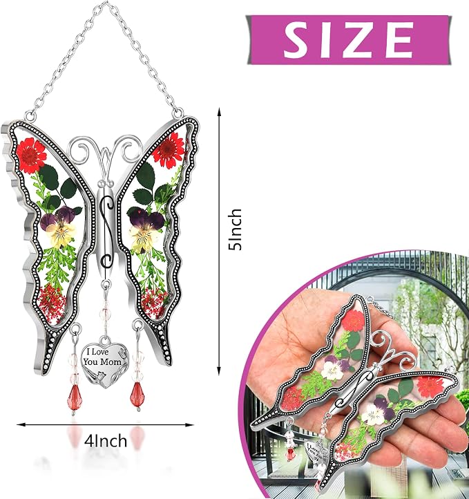 KY&BOSAM Mom Gift Butterfly Glass Pressed Flowers Suncatcher Window Hanging | I Love You Mom Charm Sun Catchers Wind Chime Ornament,Metal & Dried Flowers,Mothers Day Gifts for Mom Birthday Christmas