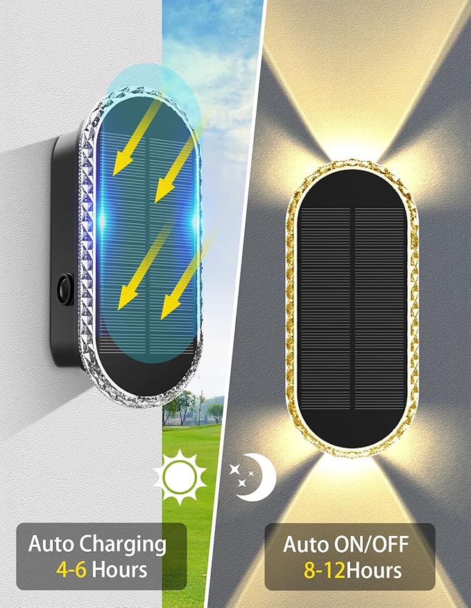 Solar Fence Lights Outdoor, Warm White & RGB 8 Modes Solar Wall Lights Outdoor Waterproof, Up&Down Dual-Head Outdoor Solar Lights for Yard House Fence Backyard Deck Garden Patio Porch, 2 PK
