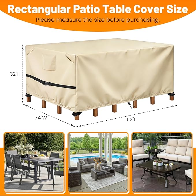 POMER Rectangular Patio Furniture Covers-Outdoor Furniture Covers Waterproof,600D Table and Chairs Cover for All-Weather Protection 112L X 74W X 32H Inch Beige